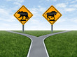 Stock Market crossroads With Bull and Bear Signs