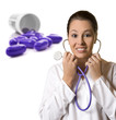 Photo: Young female doctor with pills in the background Young female doctor with pills in the background