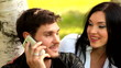 portrait young beautiful happy couple man woman talking phone