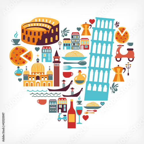 Vektor: Italy love - heart shape with vector icons Italy love - heart shape with vector icons