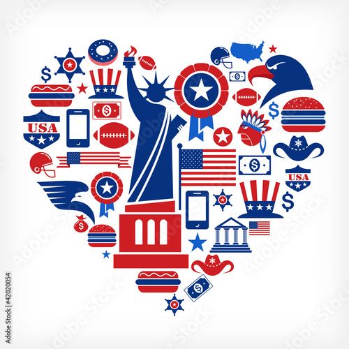  America love - heart shape with many vector icons