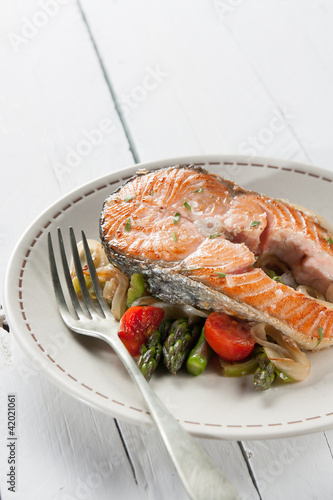 Photo: Sliced grilled salmon with vegetables Sliced grilled salmon with vegetables