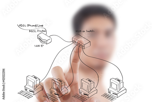 Photo: Businessman pushing LAN diagram on the whiteboard. Businessman pushing LAN diagram on the whiteboard.