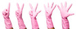 pink gloves gesturing numbers over white background