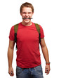 portrait of angry young man biting pen over white background