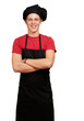 portrait of young cook man wearing uniform and smiling over whit