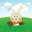 Cute rabbit carrying a carrot with its teeth