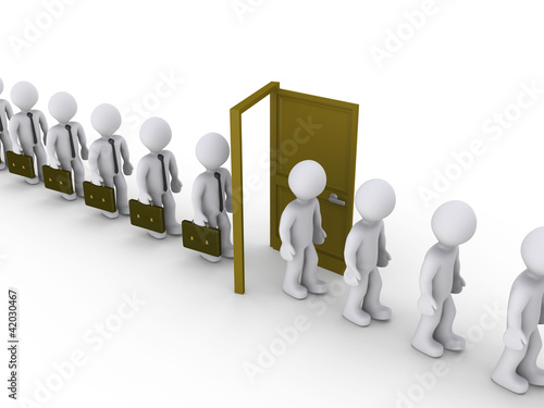 Illustration: Businessmen are walking through door of unemployment Businessmen are walking through door of unemployment