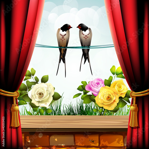 Vector: Garden roses with brick wall and two swallows Garden roses with brick wall and two swallows