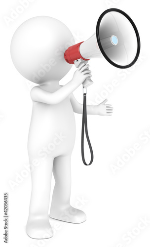 Illustration: 3d little human character with a white and Red Megaphone. 3d little human character with a white and Red Megaphone.