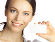 Photo: Business woman giving blank business card, isolated Business woman giving blank business card, isolated