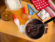 Busy kitchen making brownies with  ingredients