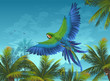 Vector: Amazon. Tropical background with parrots and palm trees. Amazon. Tropical background with parrots and palm trees.