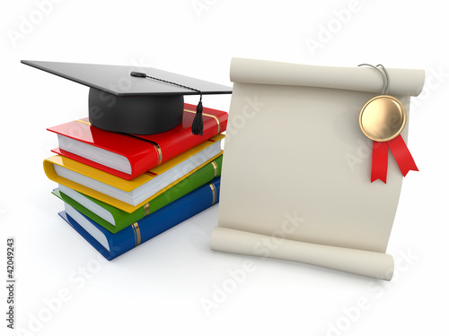 Illustration: Graduation. Mortarboard, diploma and books. Space for text Graduation. Mortarboard, diploma and books. Space for text