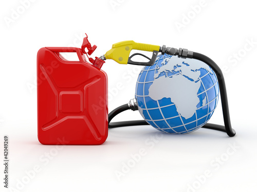 Illustration: Earth, gas pump nozzle and canister Earth, gas pump nozzle and canister