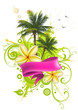 Ribbon, palm trees and tropical flowers