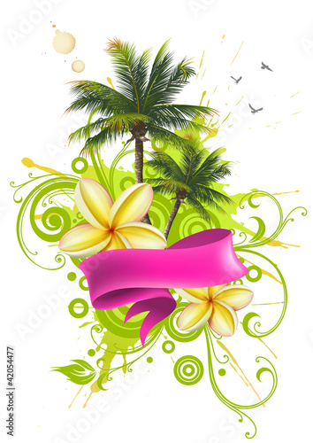 Vektor: Ribbon, palm trees and tropical flowers Ribbon, palm trees and tropical flowers