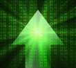 Electronic stock numbers and arrow on a green background