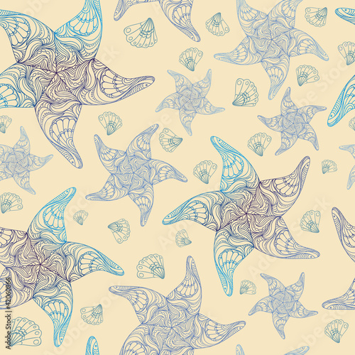 Vektor: Vector seamless pattern with starfish and seashells Vector seamless pattern with starfish and seashells
