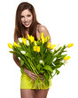 Pretty woman holding a bouquet of tulips