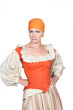 Woman in pantomine outfit, frowning with her hands on her hips