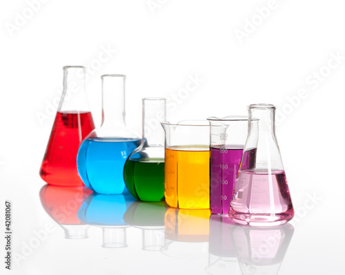 Foto: Various glass flasks with a colored liqiuds Various glass flasks with a colored liqiuds