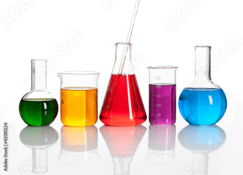 Photo: Group of glass flasks with a colored liqiuds Group of glass flasks with a colored liqiuds