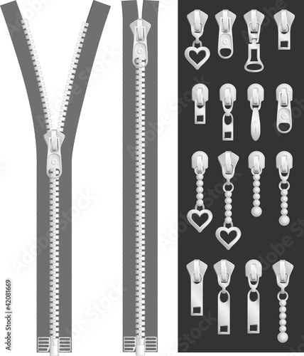 Vector: Open zipper, closed zipper with sliders set Open zipper, closed zipper with sliders set