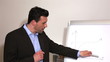 Manager in office pointing to flipchart and explaining diagram