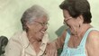 Old friends, two happy senior women talking in park