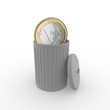 euro coin in a grey trash can