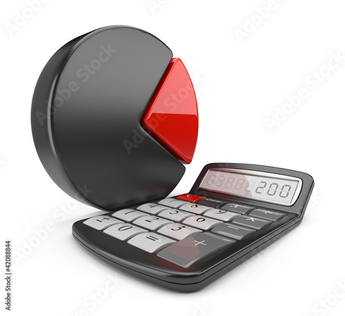 Illustration: Calculator and circle chart. 3D icon isolated on white backgroun Calculator and circle chart. 3D icon isolated on white backgroun