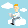 Vector: Business man using a tablet sitting on a cloud. Business man using a tablet sitting on a cloud.