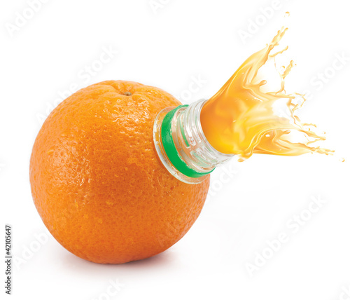 Photo: Orange with bottle neck and juice splashes on white Orange with bottle neck and juice splashes on white