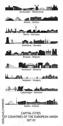Illustration: skylines of the capital cities of the european union - set 01 skylines of the capital cities of the european union - set 01