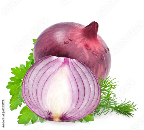 Photo: Onions and leaves parsley and dill, on white background Onions and leaves parsley and dill, on white background