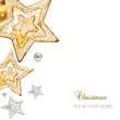Detaily fotografie Golden and silver stars, ornaments and holiday decorations