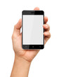 Photo: Hand holding smart phone with blank screen on white background Hand holding smart phone with blank screen on white background