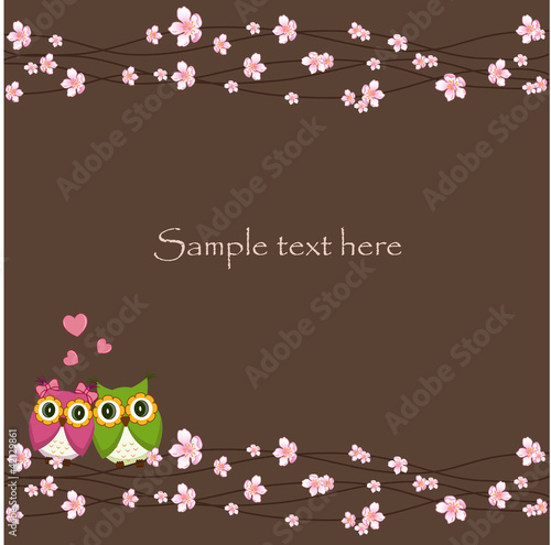 Vector: Two funny, love the owl sitting on a flowering branch Two funny, love the owl sitting on a flowering branch