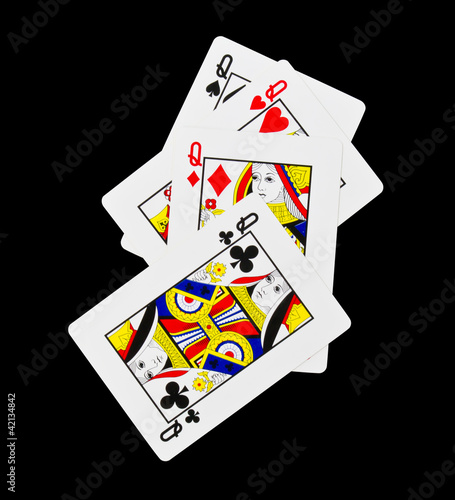 Photo: Four of a kind queens isolated on Black Four of a kind queens isolated on Black