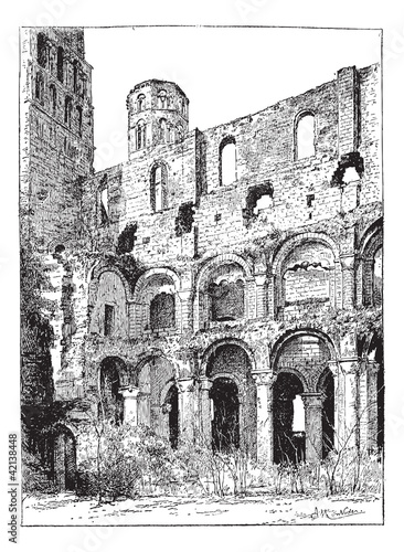 Vector: Ruins of the Abbey of Jumieges, vintage engraving. Ruins of the Abbey of Jumieges, vintage engraving.
