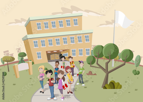 Vector: Teenager students in front of school Teenager students in front of school