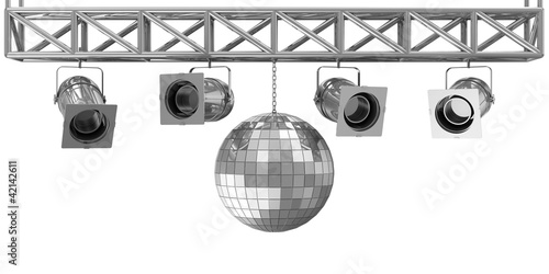 Illustration: Metal Spotlights and Disco Ball on Stage isolated on white backg Metal Spotlights and Disco Ball on Stage isolated on white backg