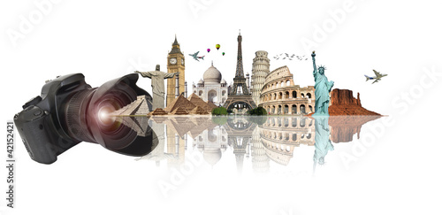 Illustration: Travel the world camera concept Travel the world camera concept