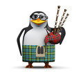 3d Penguin in glasses plays the bagpipes