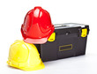 Photo: Construction toolbox and hardhats Construction toolbox and hardhats