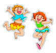 Vektor: two very happy kids wearing swimsuits or summer clothes two very happy kids wearing swimsuits or summer clothes