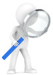 3D little human character with a Magnifying Glass. Blue.