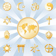 Vector: One World, Many Faiths, 12 world religion symbols, earth map One World, Many Faiths, 12 world religion symbols, earth map