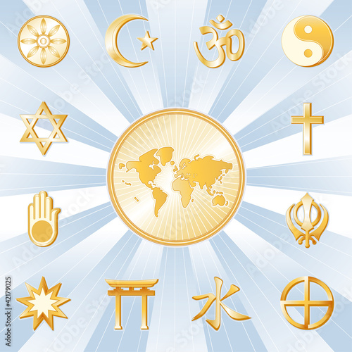 Vector: One World, Many Faiths, 12 world religion symbols, earth map One World, Many Faiths, 12 world religion symbols, earth map